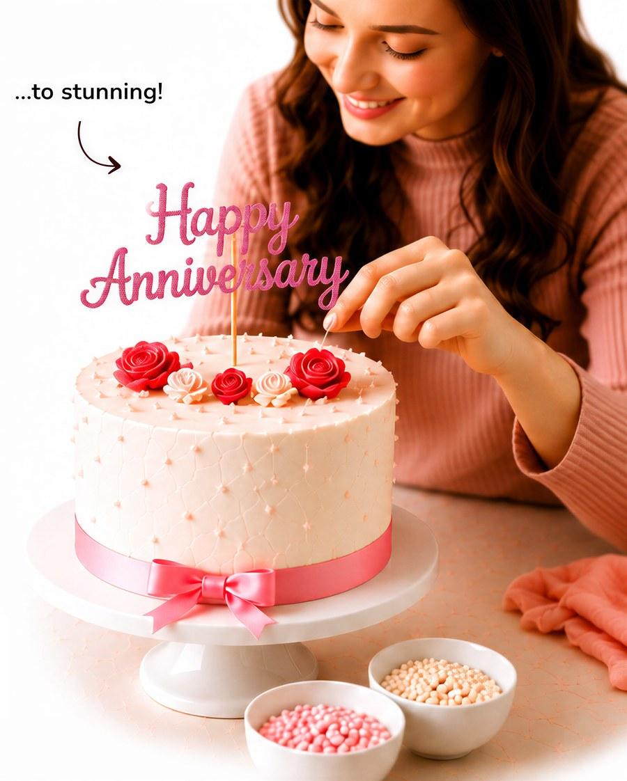 A baker finishing a decorated Happy Anniversary cake — …to stunning!